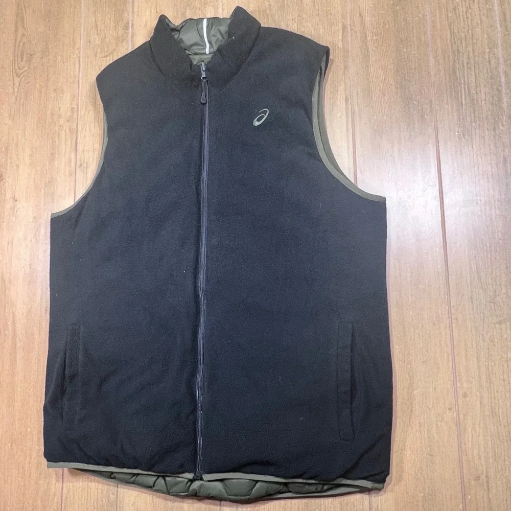 Asics Reversible Puffer Fleece Vest Mens Black Olive Green Full Zip Quilted XL